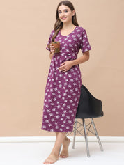 Printed Purple Hosiery Maternity Nighty Calf Length