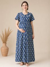 Navy Blue Floral Cotton Zipless Maternity Nighty