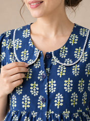 Navy Blue Floral Cotton Zipless Maternity Nighty