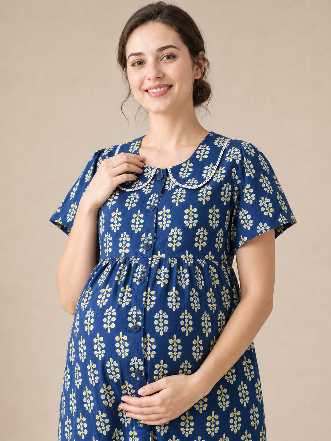 Navy Blue Floral Cotton Zipless Maternity Nighty