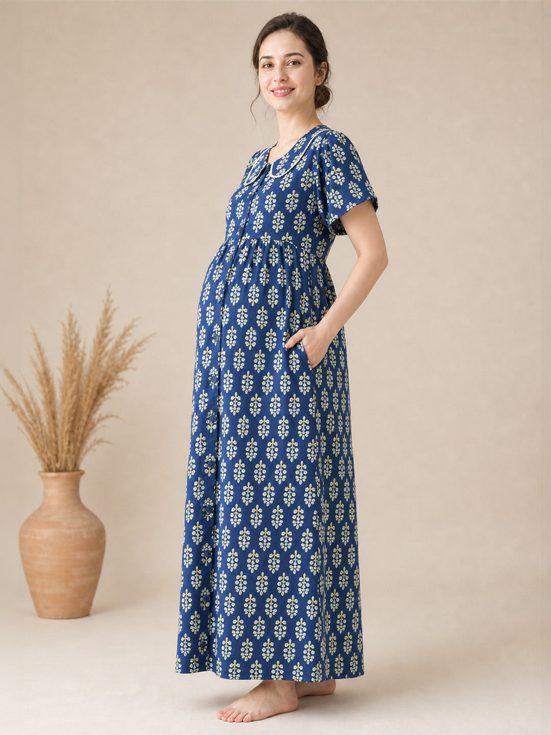 Navy Blue Floral Cotton Zipless Maternity Nighty