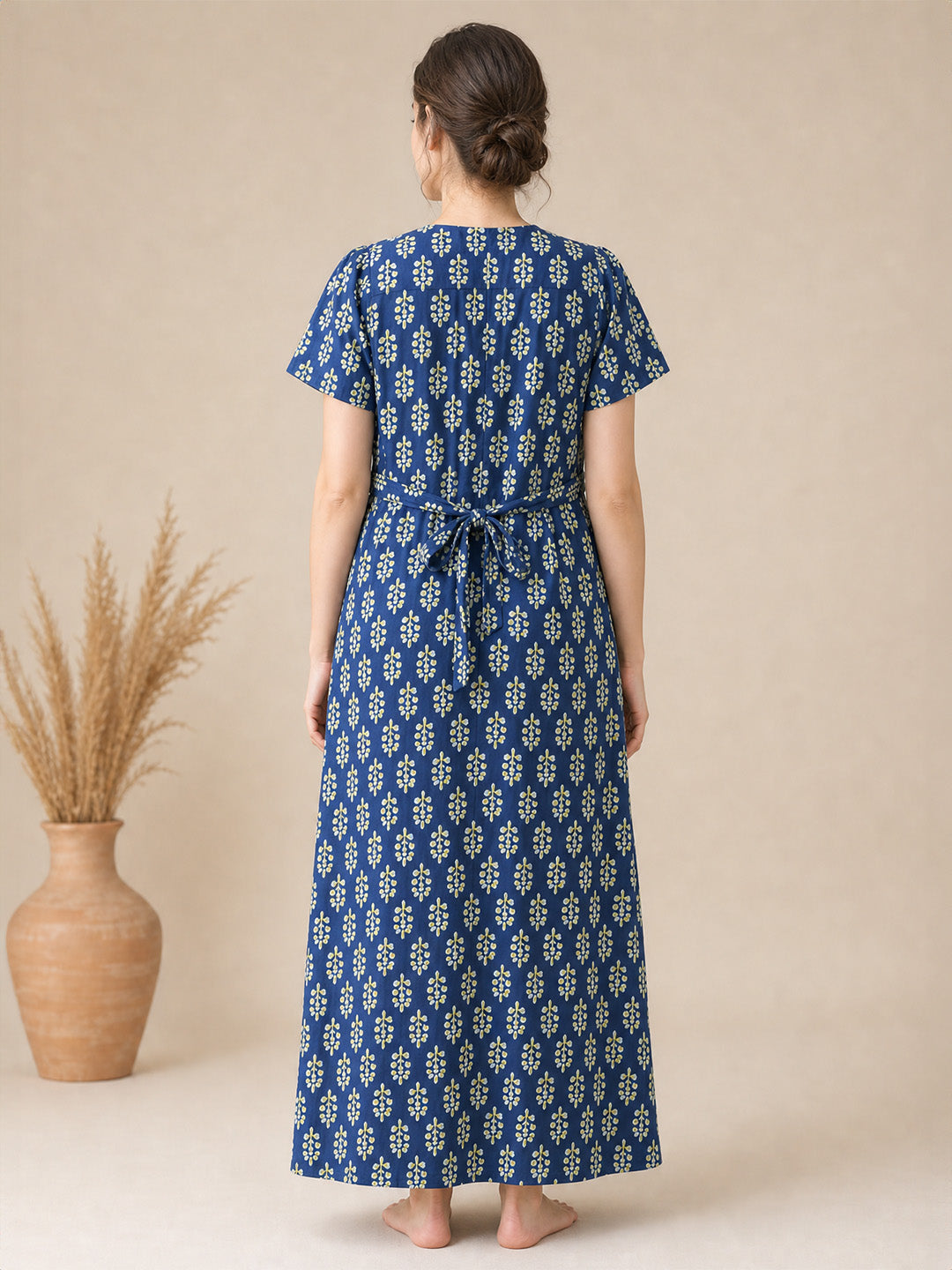Navy Blue Floral Cotton Zipless Maternity Nighty