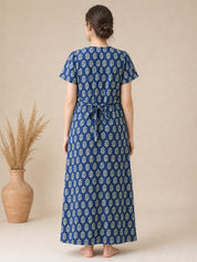 Navy Blue Floral Cotton Zipless Maternity Nighty