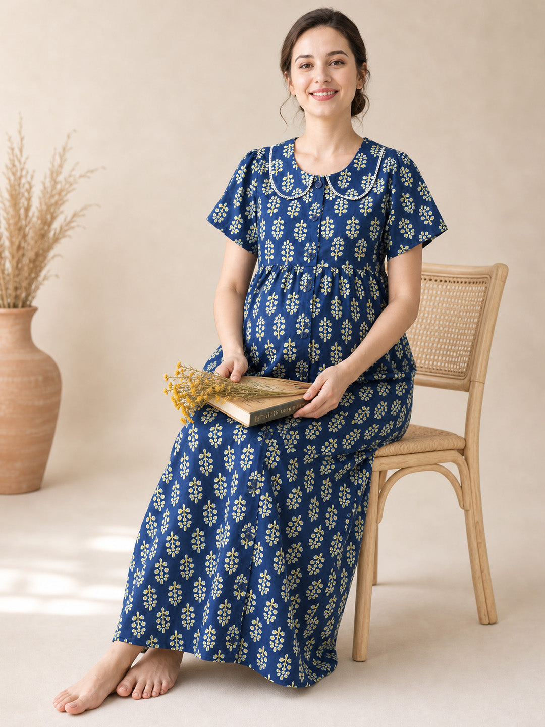 Navy Blue Floral Cotton Zipless Maternity Nighty