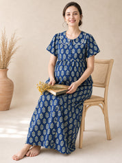 Navy Blue Floral Cotton Zipless Maternity Nighty