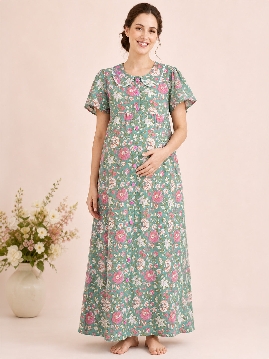 Green Floral Cotton Zipless Maternity Nighty