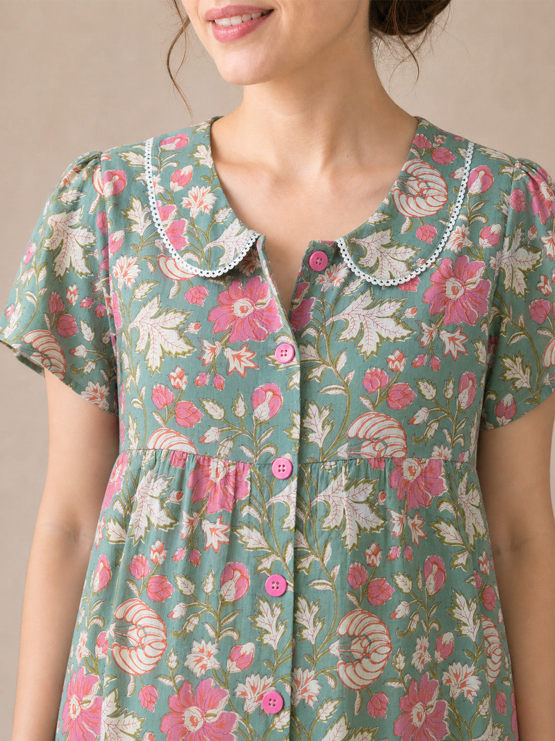 Green Floral Cotton Zipless Maternity Nighty