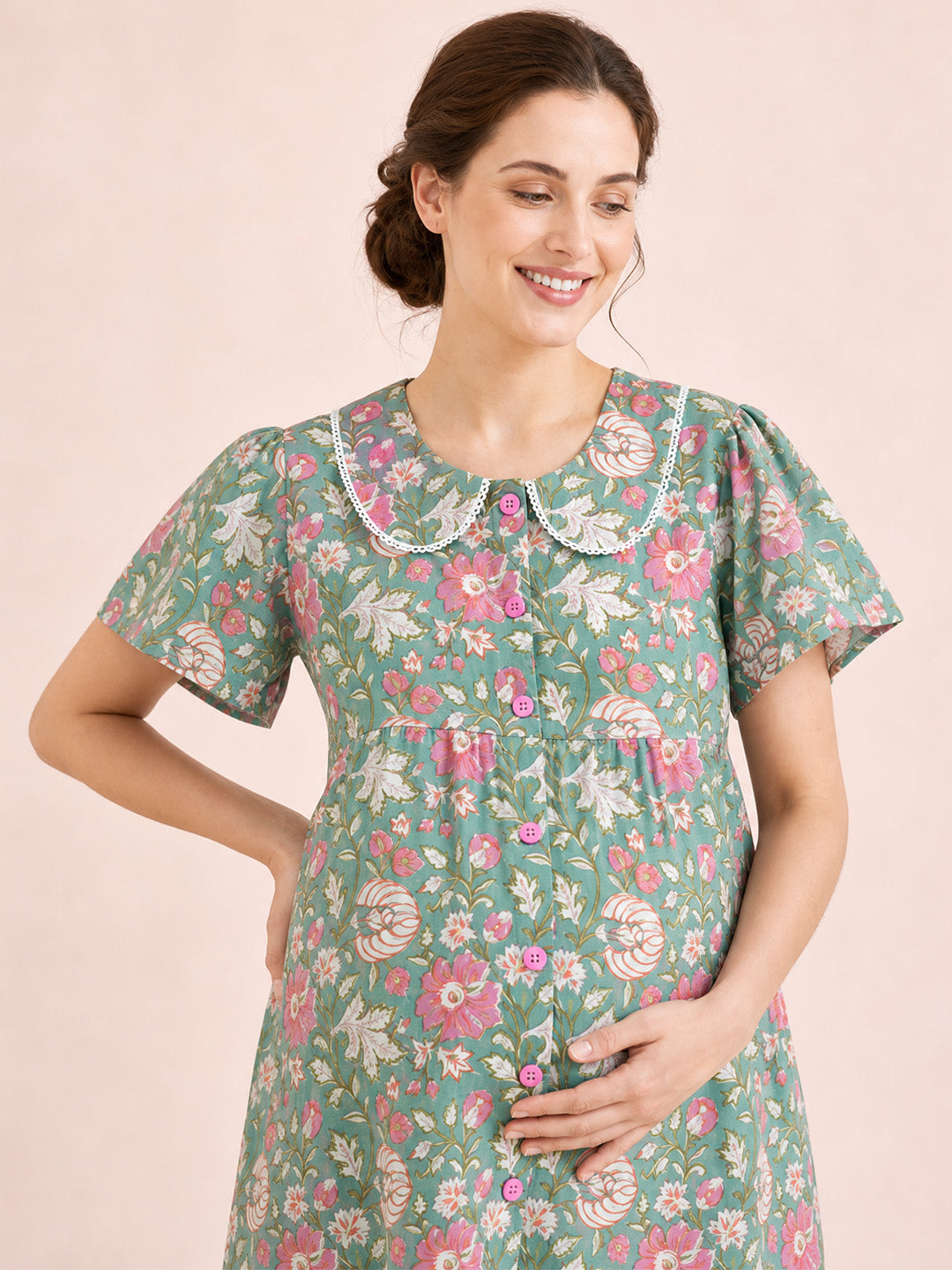 Green Floral Cotton Zipless Maternity Nighty