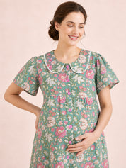 Green Floral Cotton Zipless Maternity Nighty