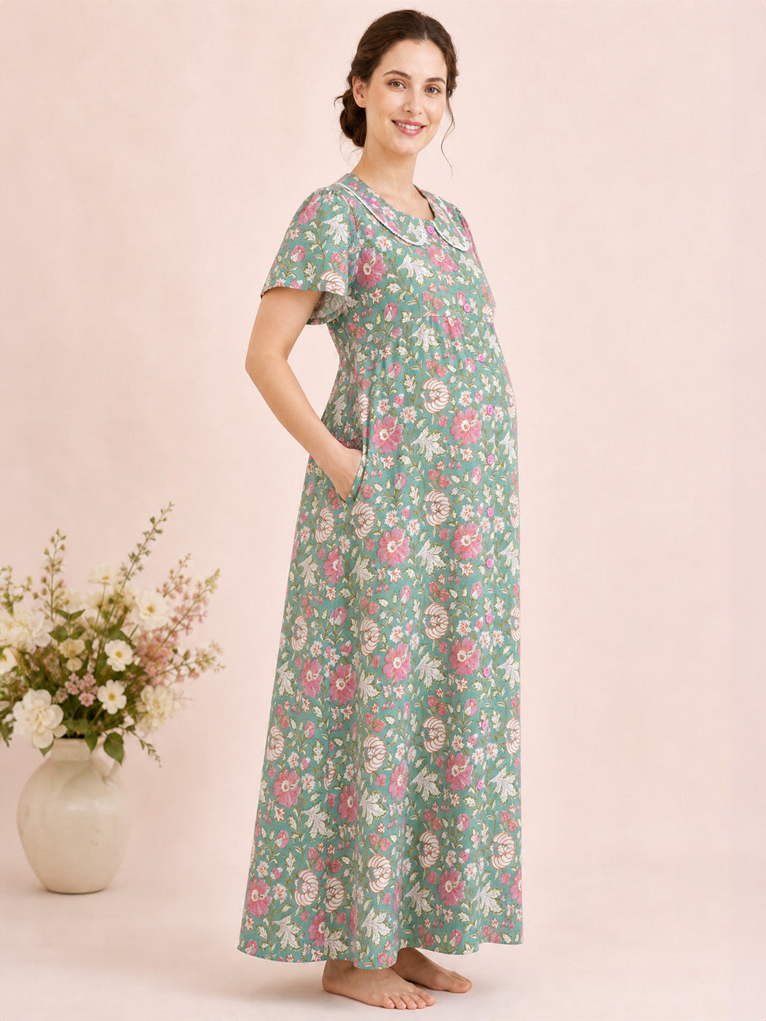Green Floral Cotton Zipless Maternity Nighty