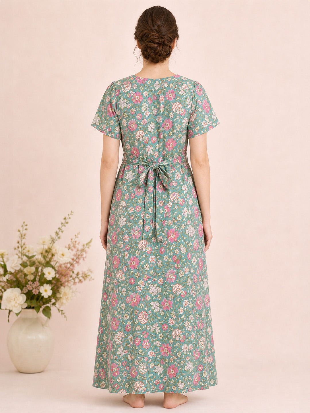 Green Floral Cotton Zipless Maternity Nighty