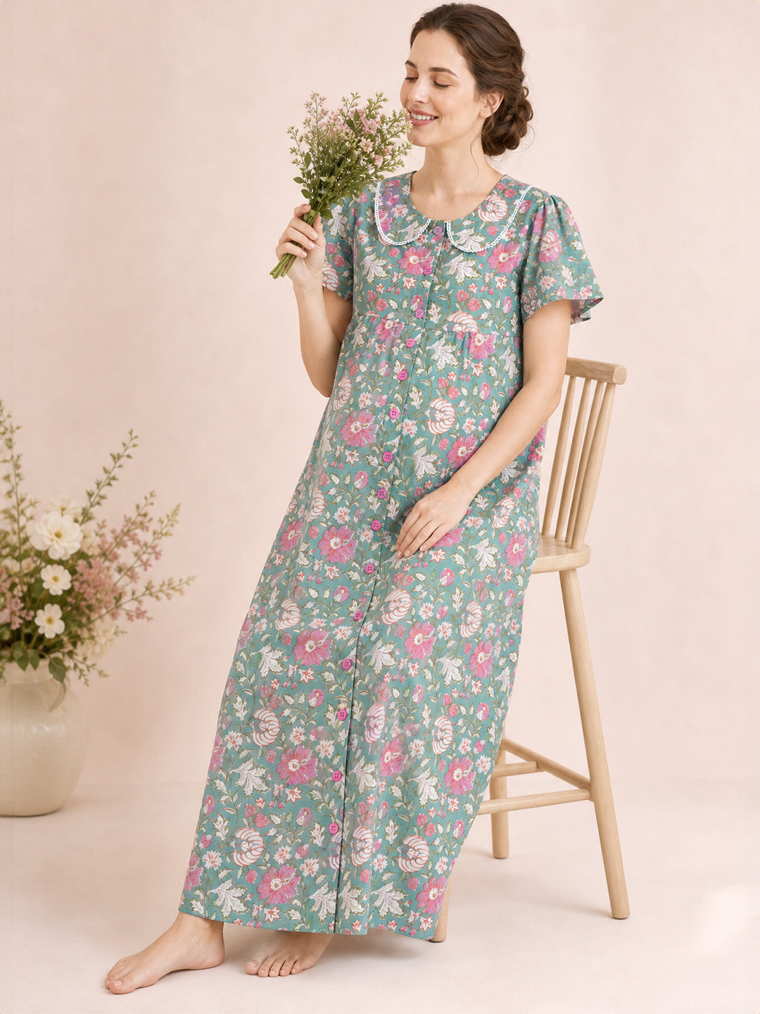 Green Floral Cotton Zipless Maternity Nighty