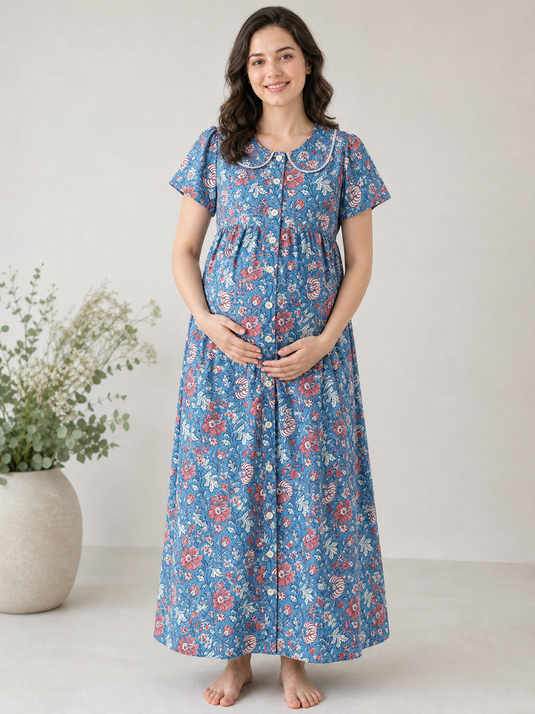 Blue Floral Peter Pan Cotton Zipless Maternity Nighty