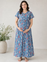 Blue Floral Cotton Zipless Maternity Nighty