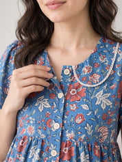 Blue Floral Cotton Zipless Maternity Nighty