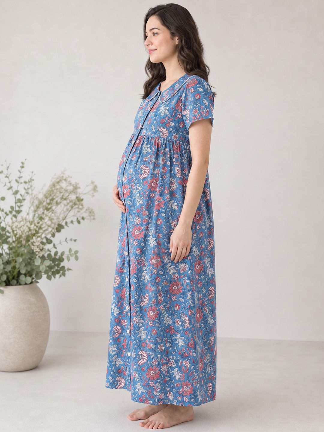 Blue Floral Cotton Zipless Maternity Nighty