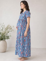 Blue Floral Cotton Zipless Maternity Nighty