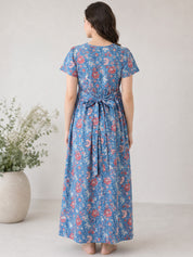 Blue Floral Cotton Zipless Maternity Nighty