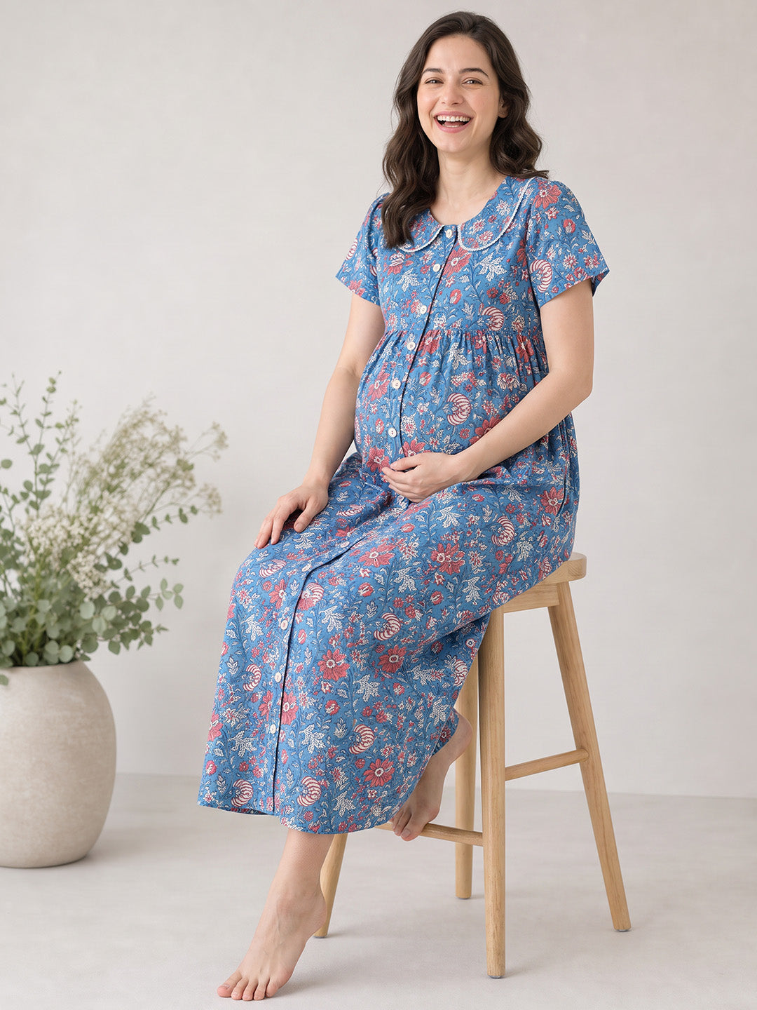 Blue Floral Cotton Zipless Maternity Nighty