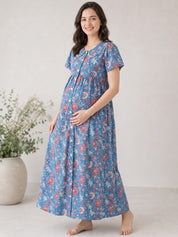Blue Floral Cotton Zipless Maternity Nighty
