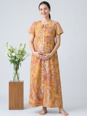 Yellow Floral Cotton Zipless Maternity Nighty