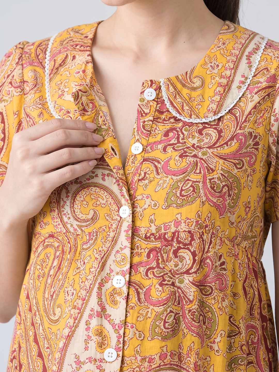 Yellow Floral Cotton Zipless Maternity Nighty