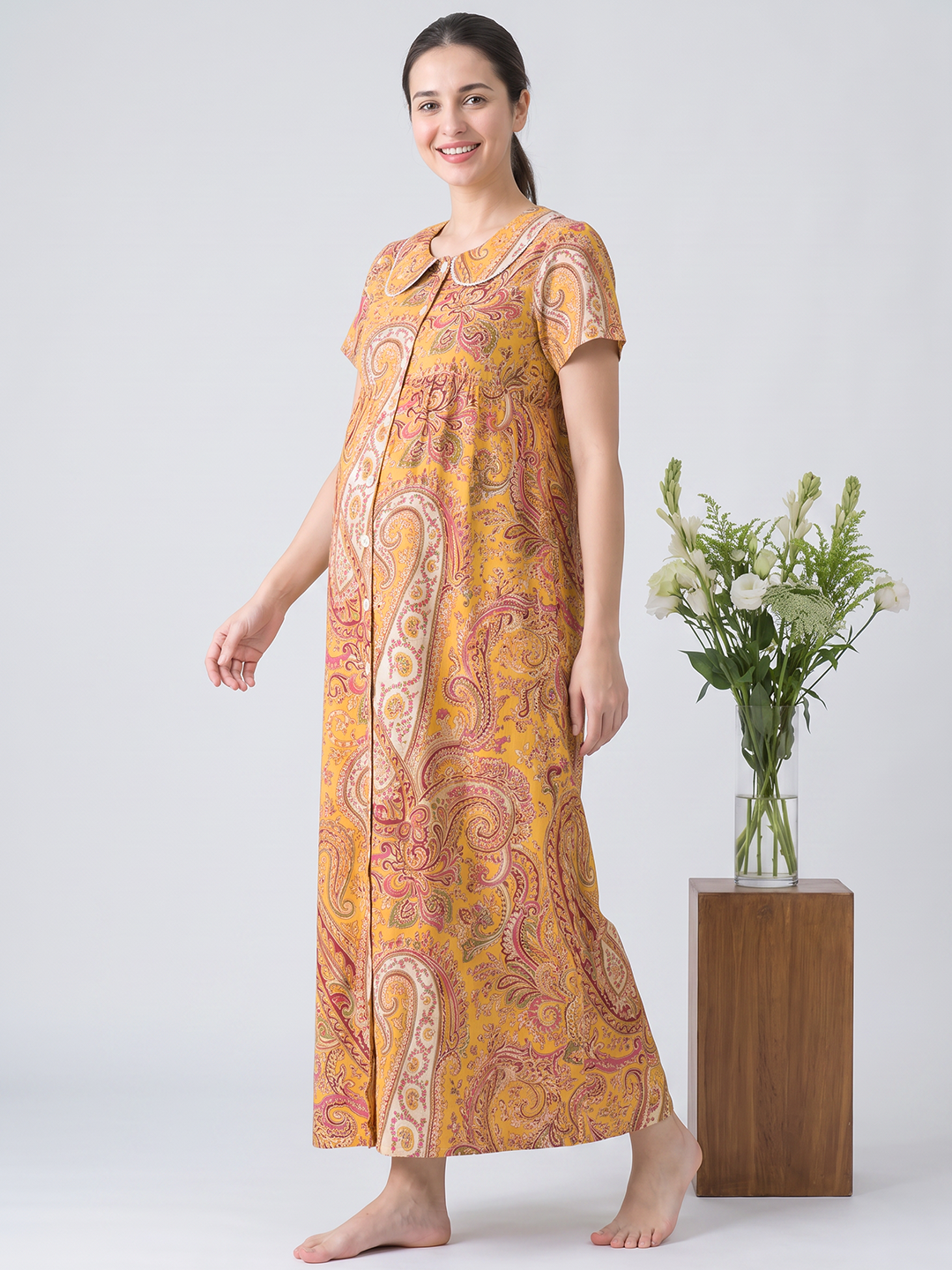 Yellow Floral Cotton Zipless Maternity Nighty