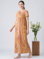 Yellow Floral Cotton Zipless Maternity Nighty