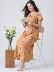 Yellow Floral Cotton Zipless Maternity Nighty