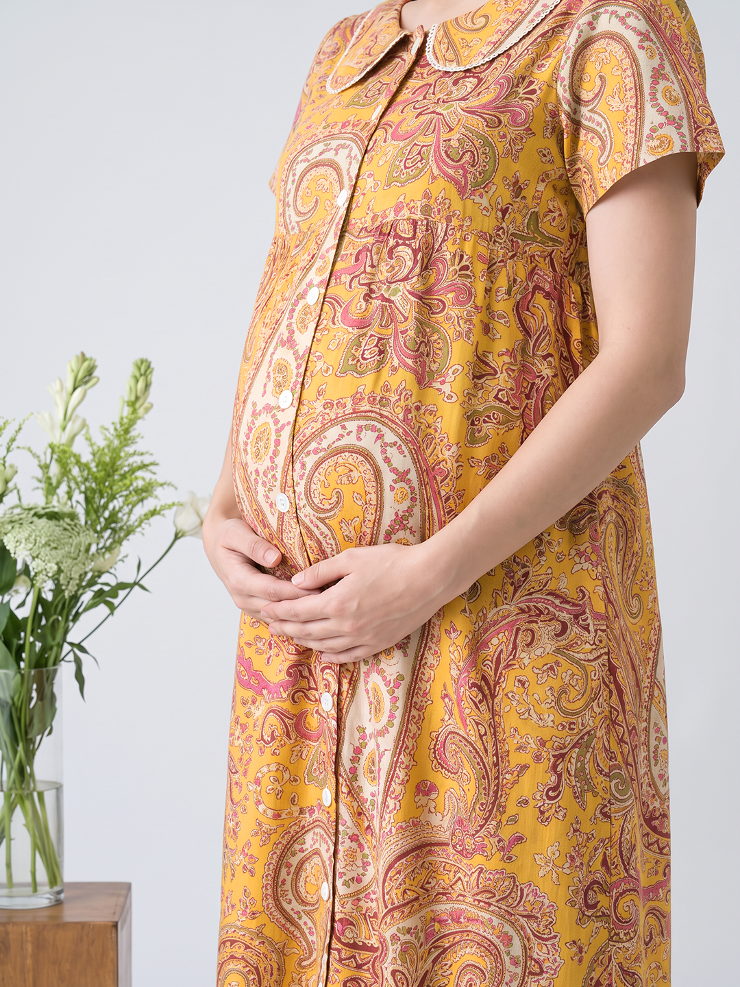 Yellow Floral Cotton Zipless Maternity Nighty