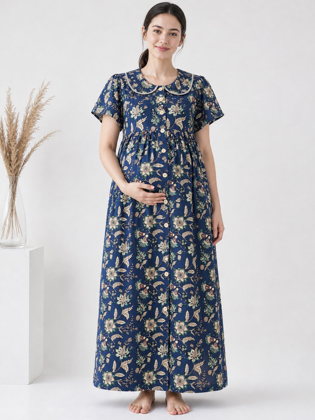Navy Blue Floral Cotton Zipless Maternity Nighty