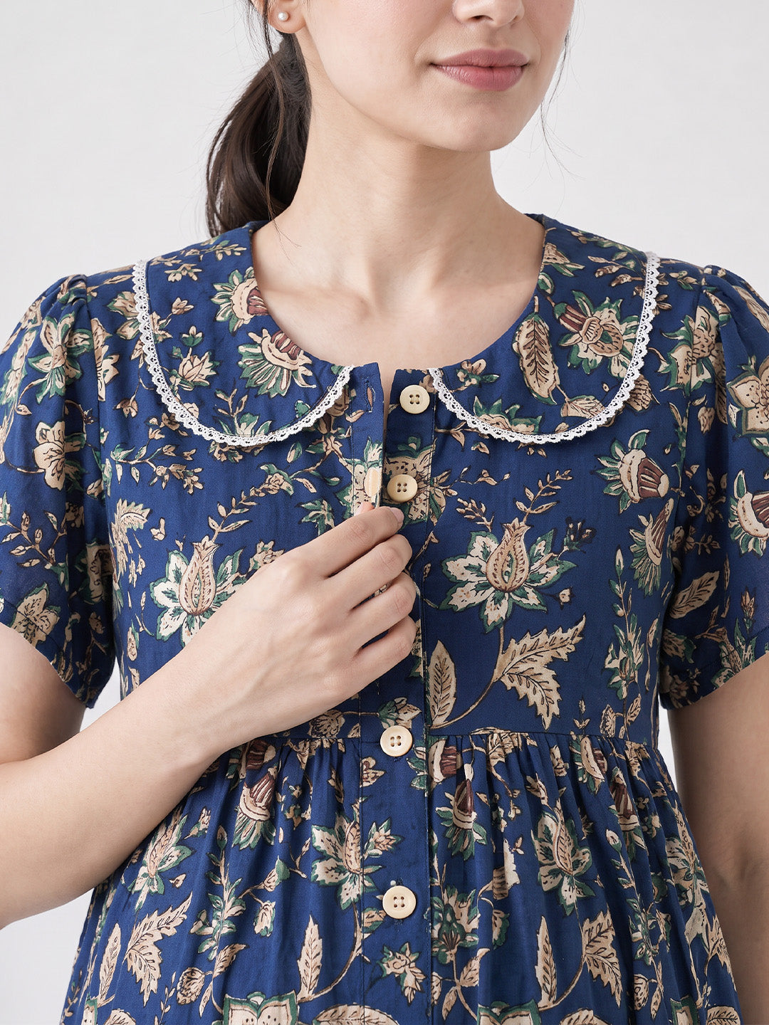 Navy Blue Floral Cotton Zipless Maternity Nighty