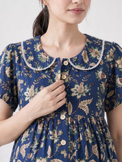 Navy Blue Floral Cotton Zipless Maternity Nighty