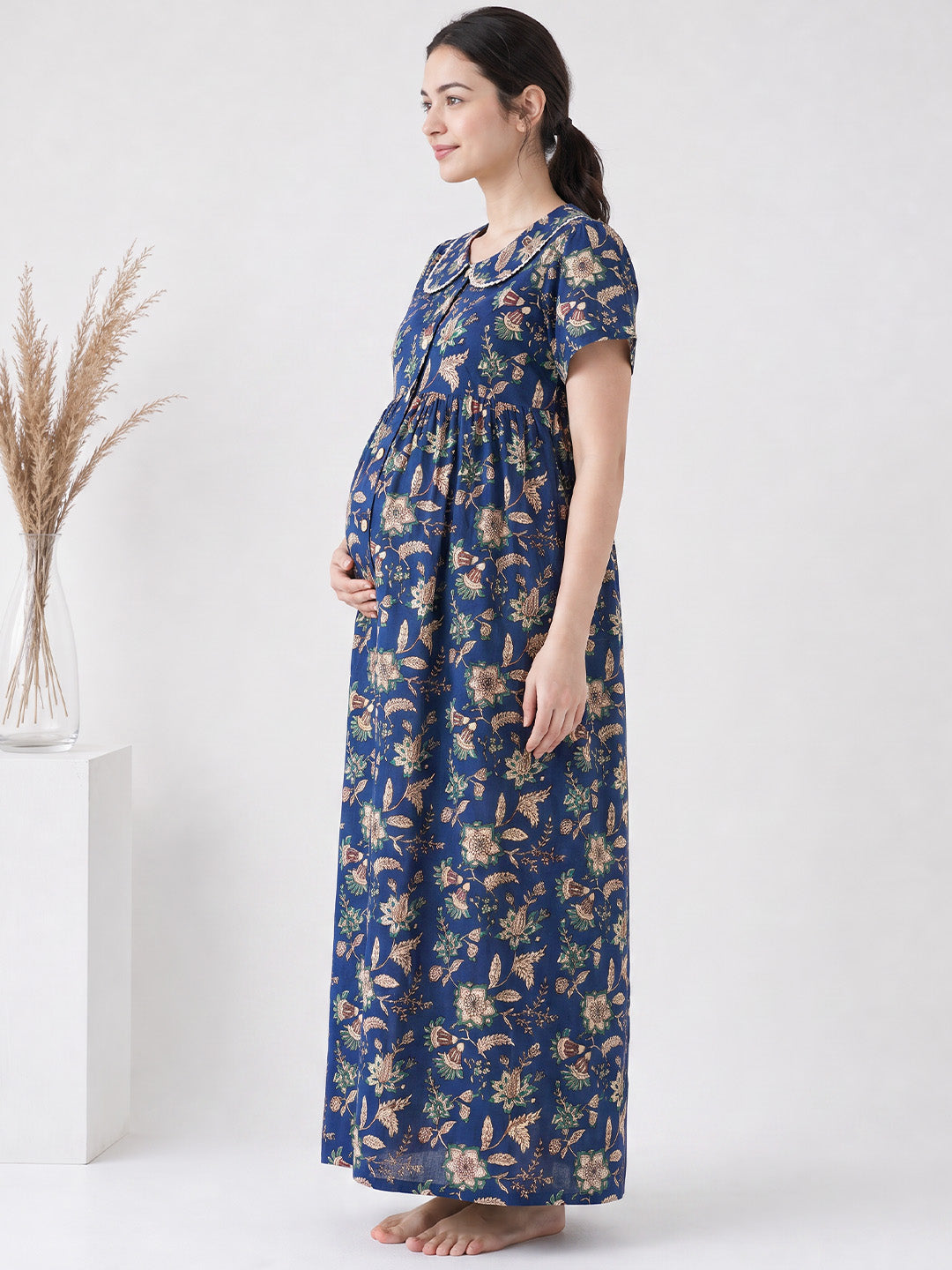 Navy Blue Floral Peter Pan Cotton Zipless Maternity Nighty