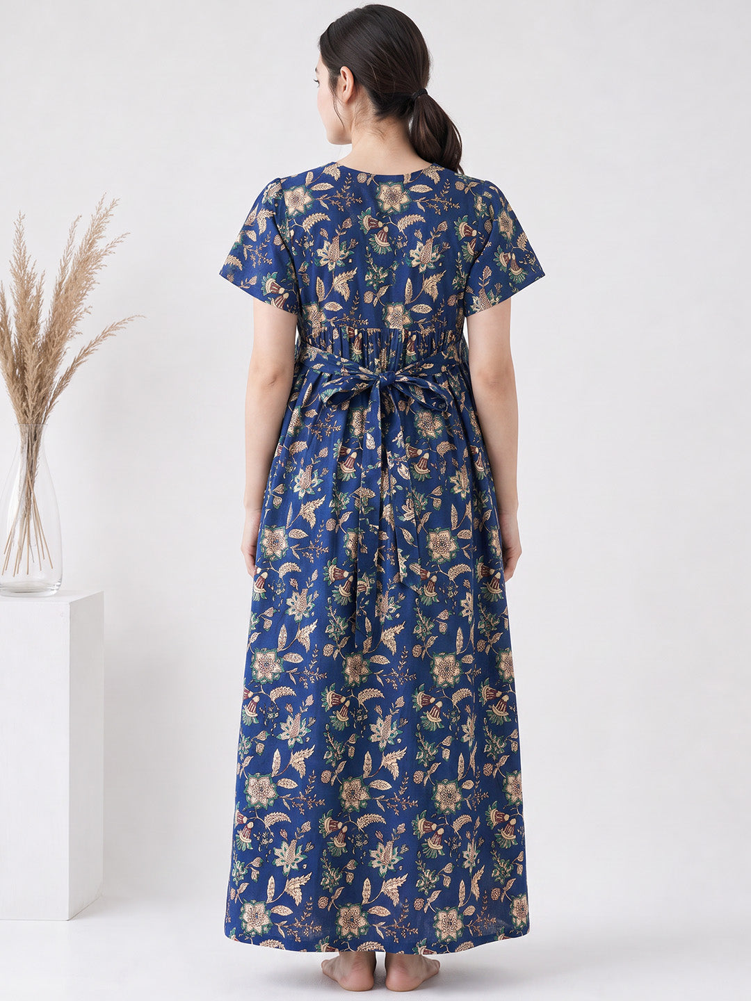 Navy Blue Floral Cotton Zipless Maternity Nighty