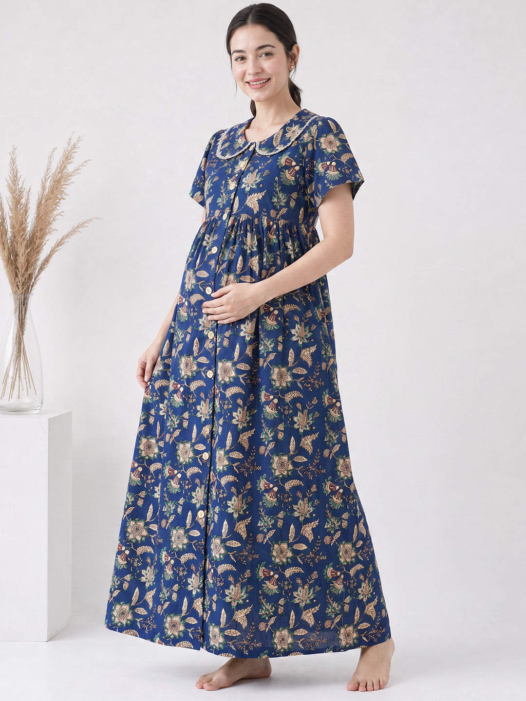 Navy Blue Floral Cotton Zipless Maternity Nighty