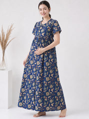 Navy Blue Floral Cotton Zipless Maternity Nighty