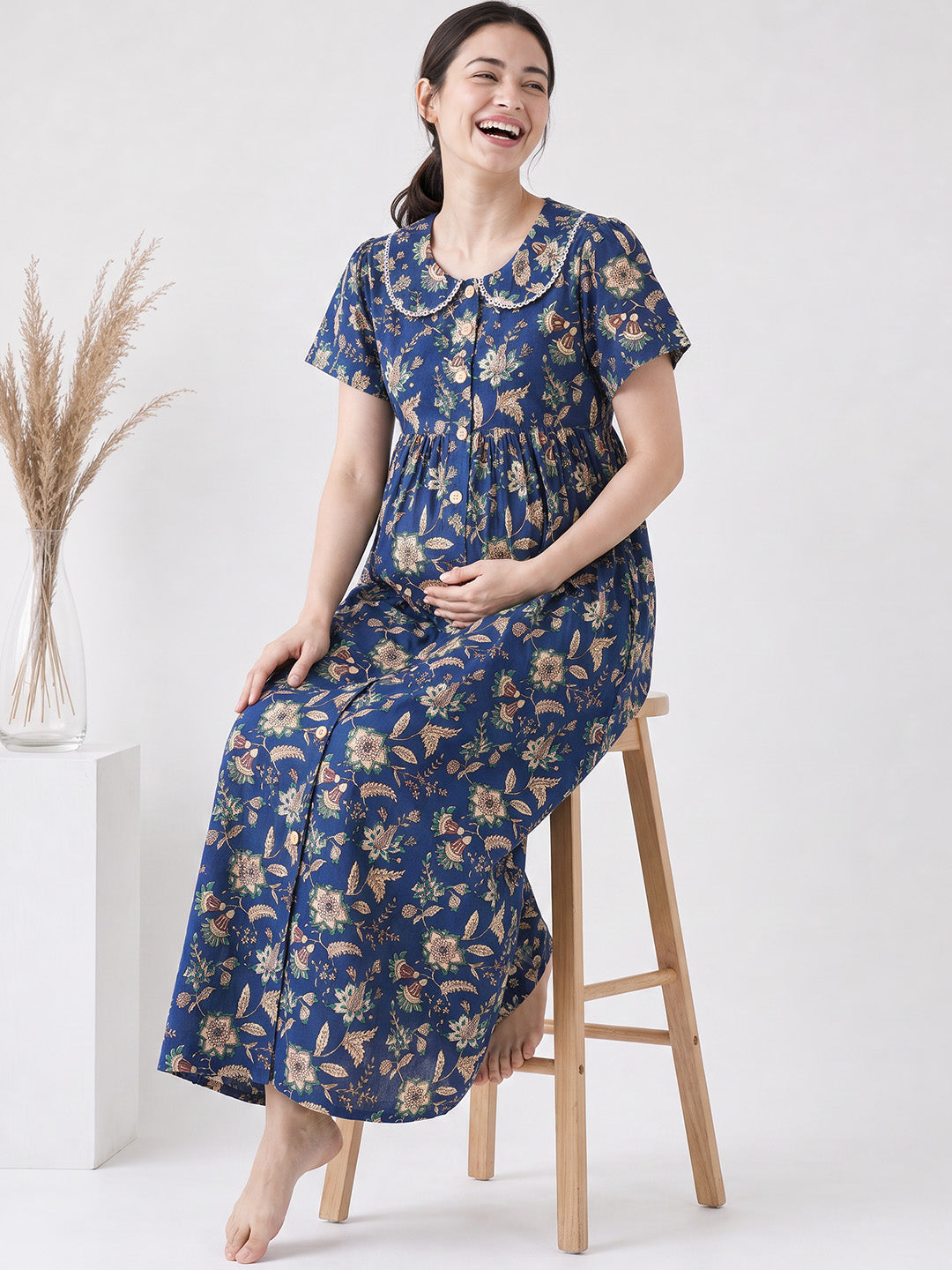 Navy Blue Floral Cotton Zipless Maternity Nighty