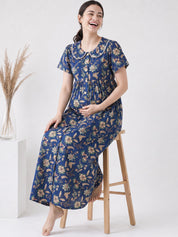 Navy Blue Floral Cotton Zipless Maternity Nighty