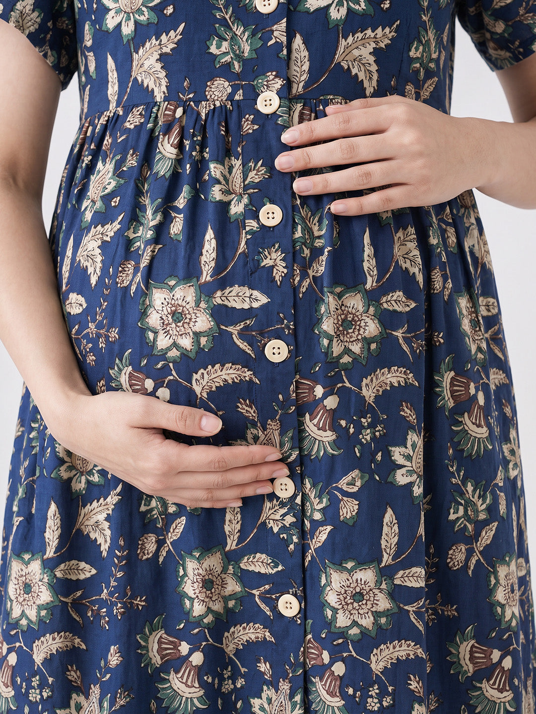 Navy Blue Floral Cotton Zipless Maternity Nighty