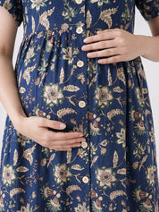 Navy Blue Floral Cotton Zipless Maternity Nighty