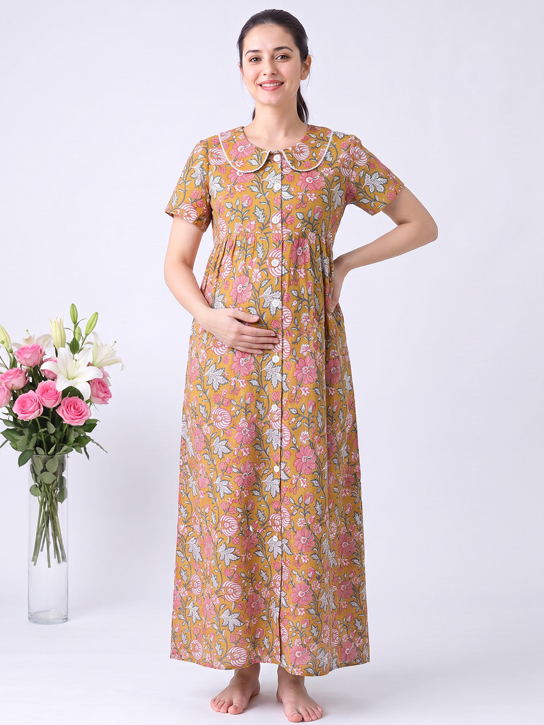 Mustard Floral Cotton Zipless Maternity Nighty