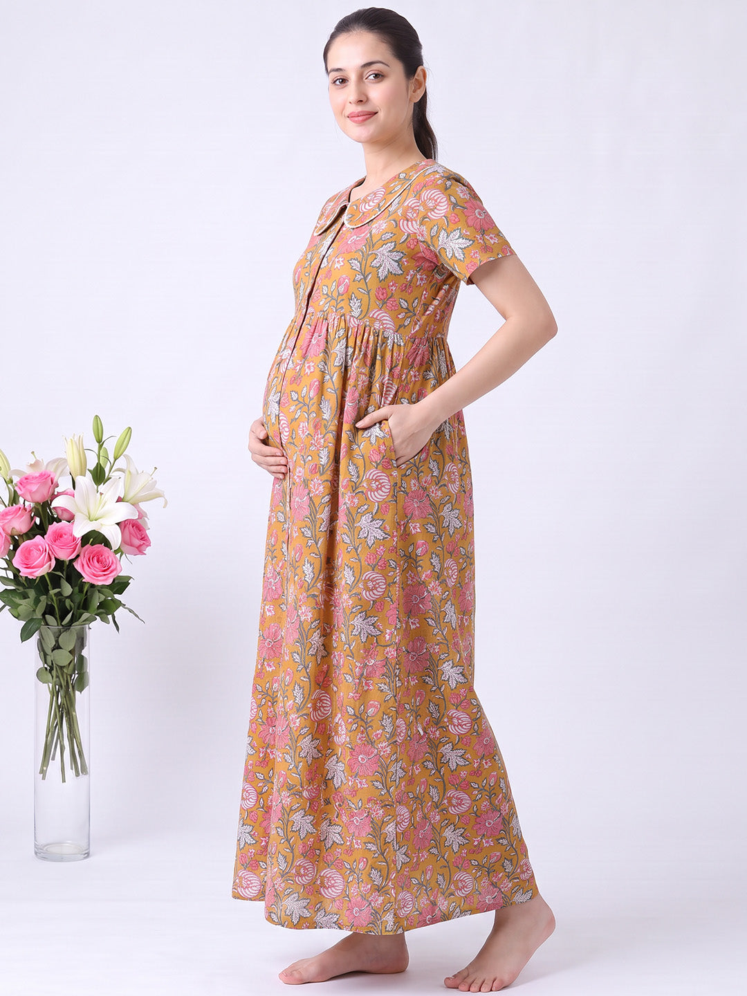 Mustard Floral Cotton Zipless Maternity Nighty