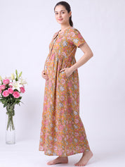 Mustard Floral Cotton Zipless Maternity Nighty