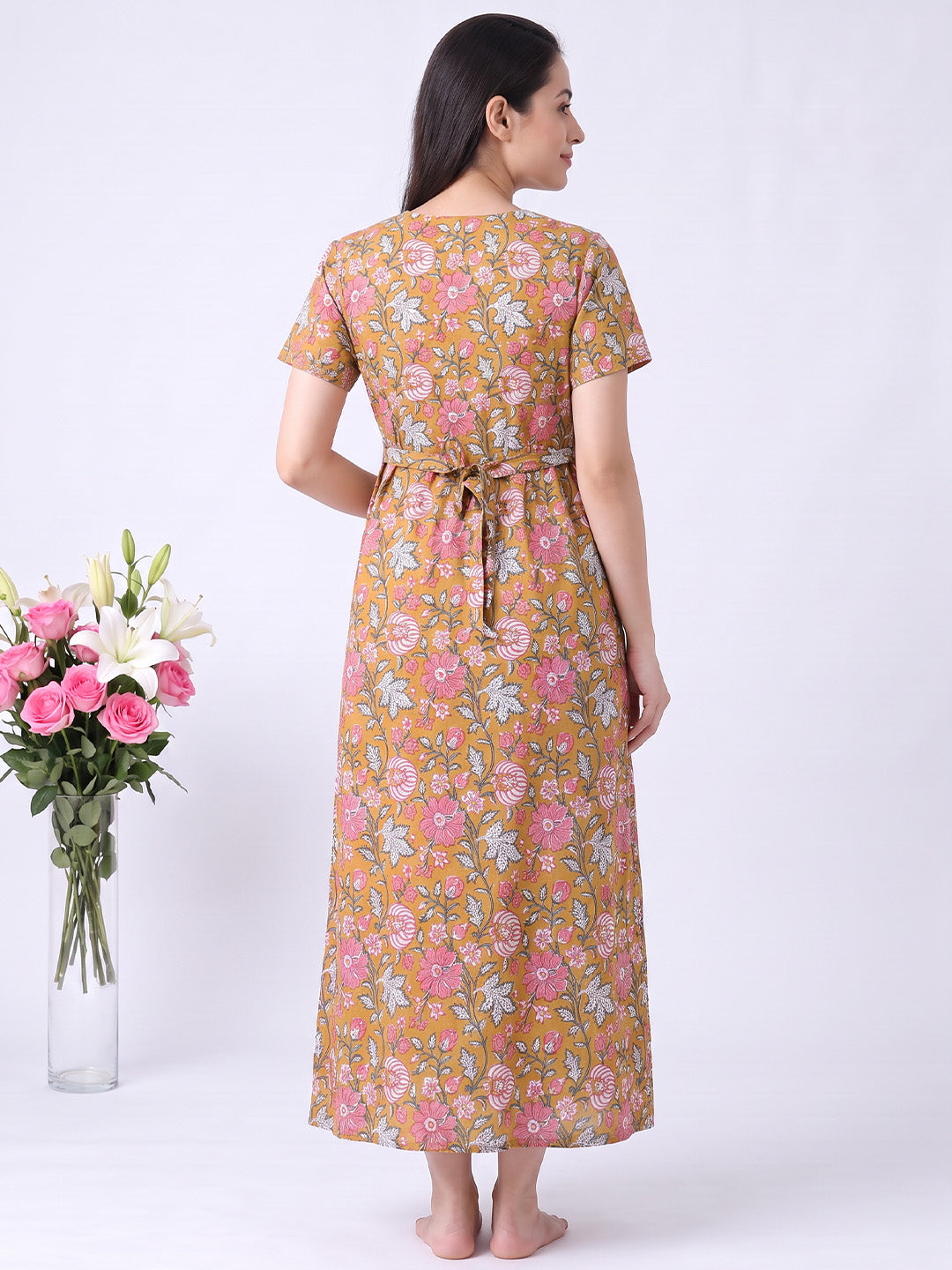 Mustard Floral Cotton Zipless Maternity Nighty