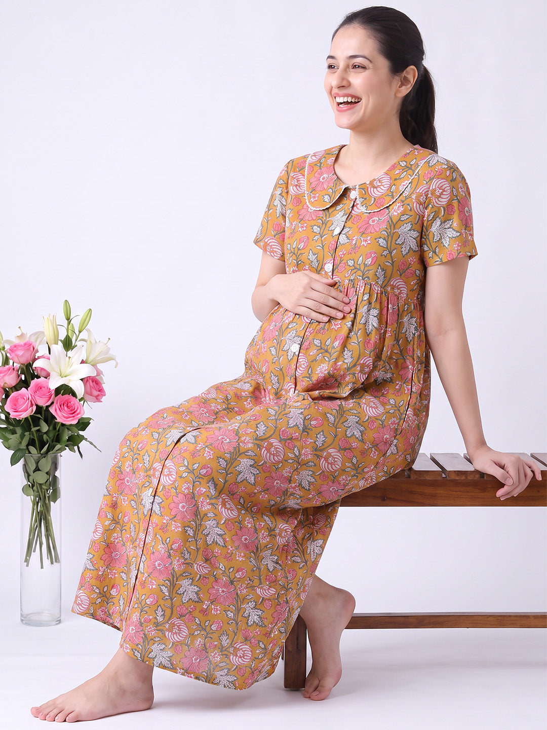Mustard Floral Cotton Zipless Maternity Nighty