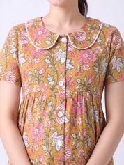 Mustard Floral Cotton Zipless Maternity Nighty
