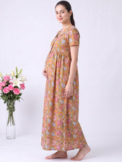Mustard Floral Cotton Zipless Maternity Nighty