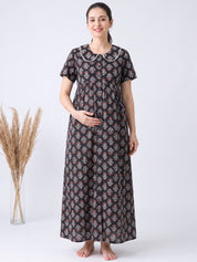 Black Floral Cotton Zipless Maternity Nighty