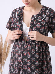 Black Floral Cotton Zipless Maternity Nighty